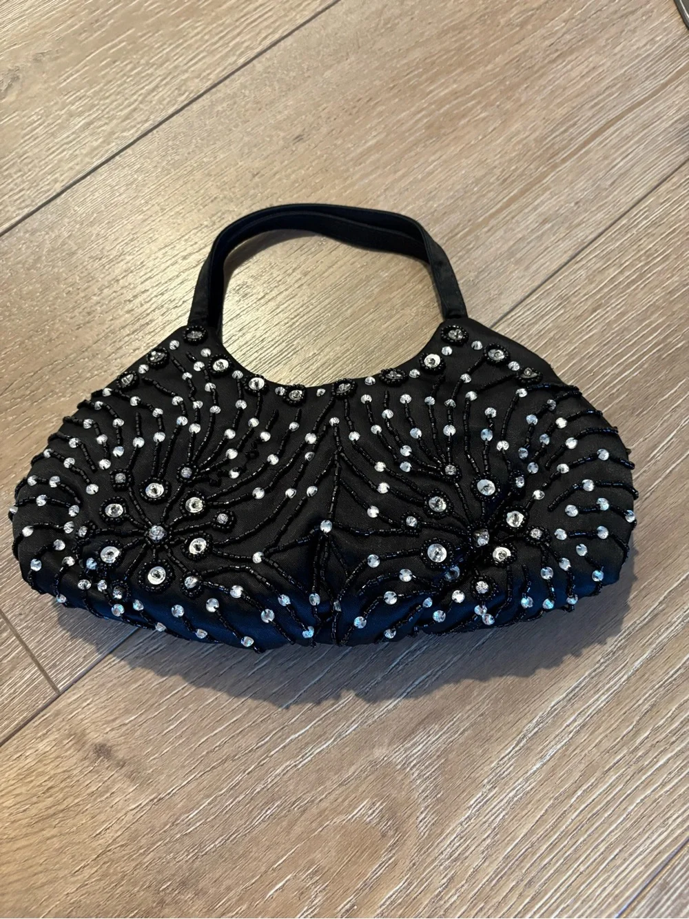 Valerie Stevens Black Beaded Evening Clutch with Crystal Accents